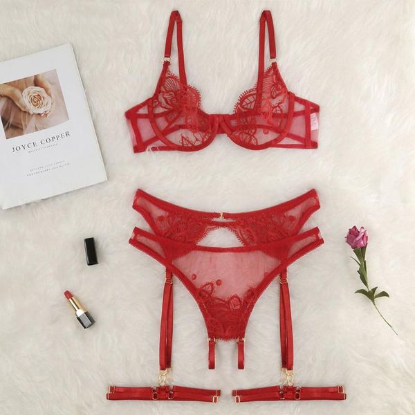 

bras sets women exquisite mesh lingerie corset lace hole underwire racy muslin bra+garter+briefs set babydoll cut-out sleepwear, Red;black