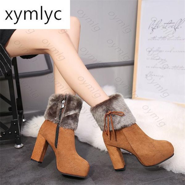 

boots 2021 thick-heeled high-heeled short boots, thick-soled platform bowknot and fluffy womens plus size, Black