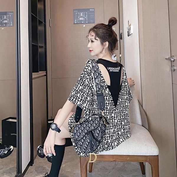 

women's t-shirt medium length printed spring and summer korean loose open back net red machine top, White