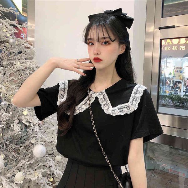 

3 sizes -xl lace patchwork ruffled collar women casual broadcloth short sleeve summer simple regular female t-shirts 210522, White