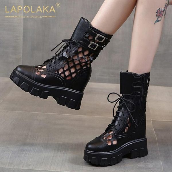 

boots lapolaka fashion wedge heels comfortable woman shoes buckle decoration platform zipper lady 1 wllw, Black