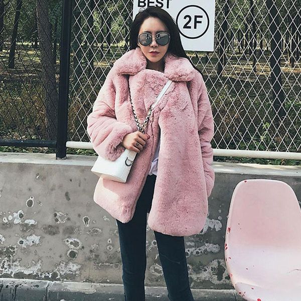 

women's fur & faux 2021 women winter plush jacket female imitation rex outwear mid-length cute and thin coat ladies, Black