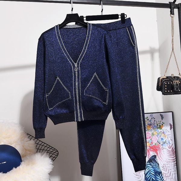 

fashion dark blue bright silk knitted tracksuits set women outfits loose casual sports zipper cardigan sweater pants 2pc female women's, White