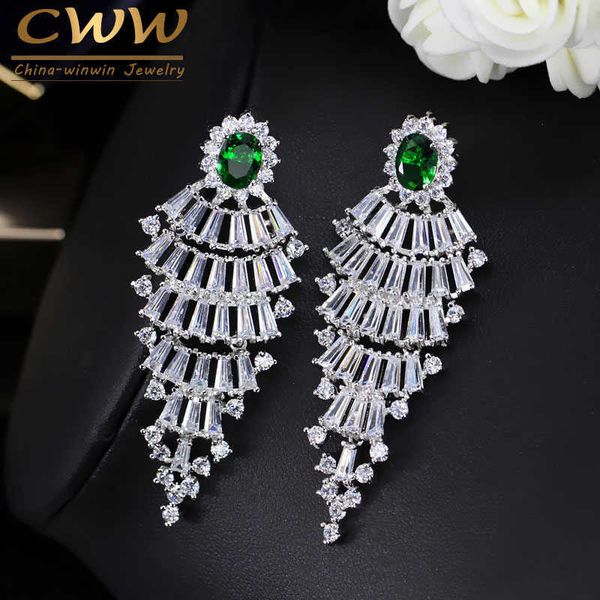 

vintage white gold color green dangle cubic zirconia crystal big long tassel statement earrings for women cz240 210714, Silver