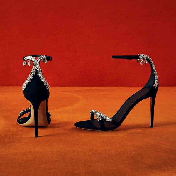 

dress shoes new design women sandals crystal chains decor high heels party woman black ankle strap sandalias femmes pumps jci2