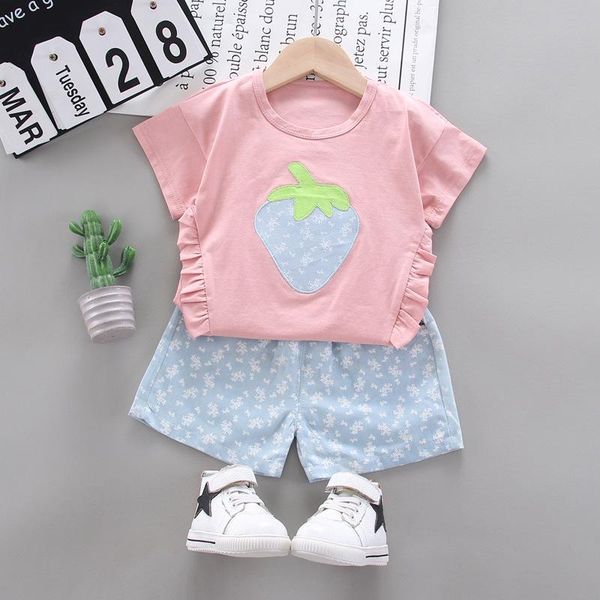 

to 5 years 2pcs / set summer cute strawberry short sleeve o-neck t-shirt shorts pans casual little girl clothes clothing sets, White