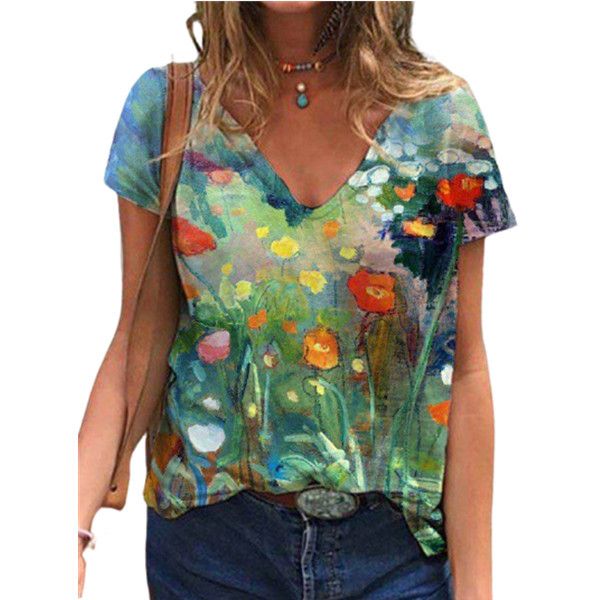 

tie dye 3d floral print women t shirts loose plus size ladies v-neck tee, White
