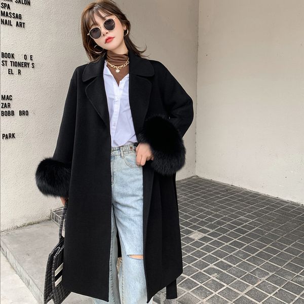 

women's jackets double face real cashmere wool mixes jacket with female pocket 2021 winter natural release long coat, Black;brown