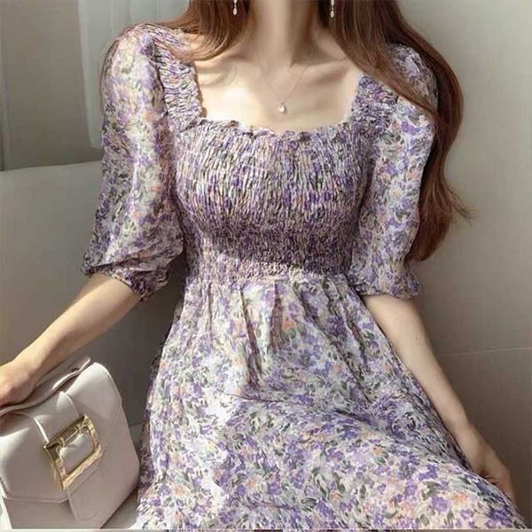 

women's knits & tees summer clothes cover the belly and reduce age. square collar oil painting floral chiffon dress 279r, White