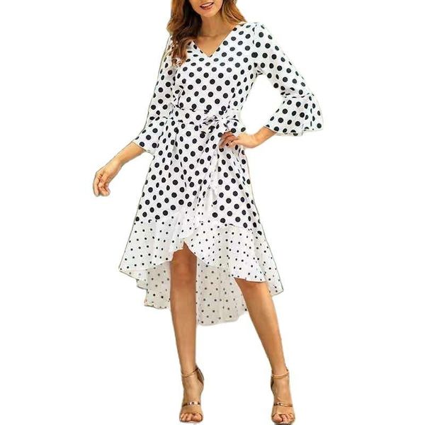 

casual dresses autumn fashion dot stitching ruffled v-neck tie dress women long sleeve irregular splice sashes midi pullover vestidos, Black;gray