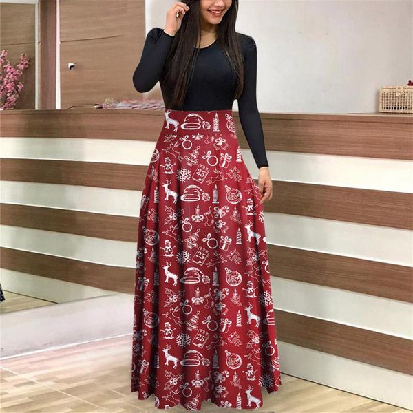 

casual dresses christmas for women 2021 o-neck long sleeve 1950s housewife evening vestido de mujer xmas maxi dress, Black;gray