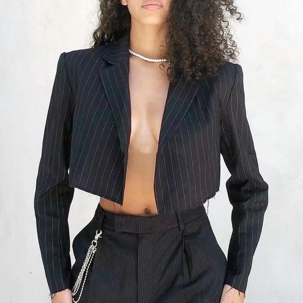 

women notch lapels crop blazer in stripe coat women's jackets, Black;brown