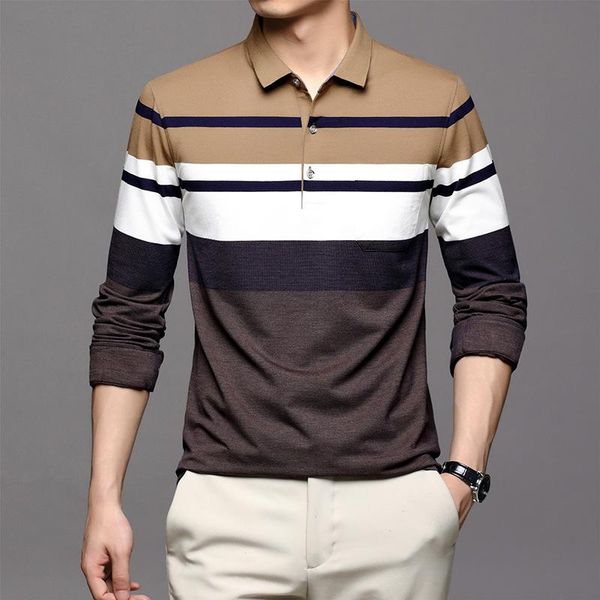 

men's polos long sleeve t-shirt spring and autumn style lapel loose large fashion casual stripe shirt, White;black