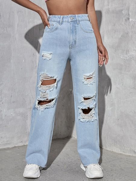 

zipper fly ripped raw hem wide leg jeans d3ao#, Blue