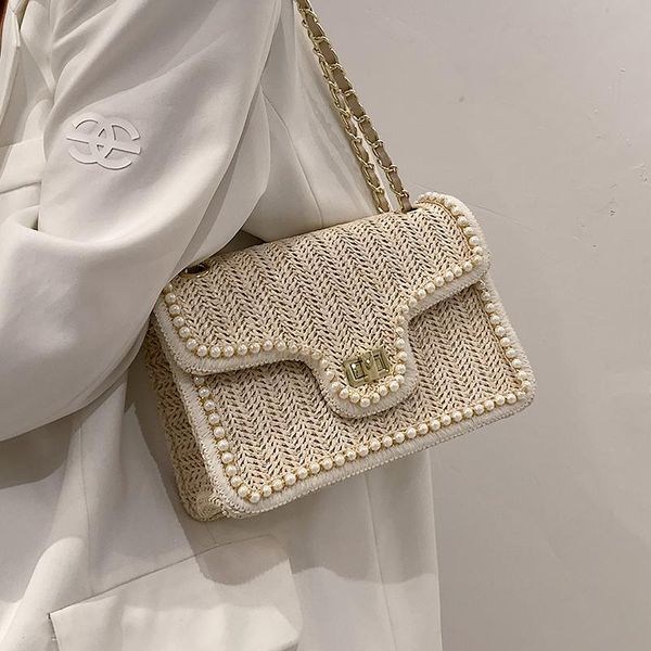 

evening bags weave square crossbody bag 2021 summer high-quality straw women's designer handbag pearl chain shoulder messenger purses