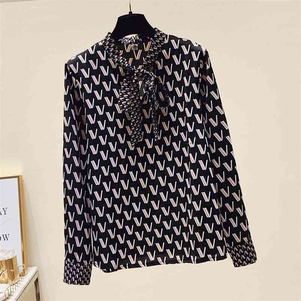 

printed chiffon shirt women's retro hong kong flavor autumn wear western style bow tie long-sleeved gx1423 210507, White