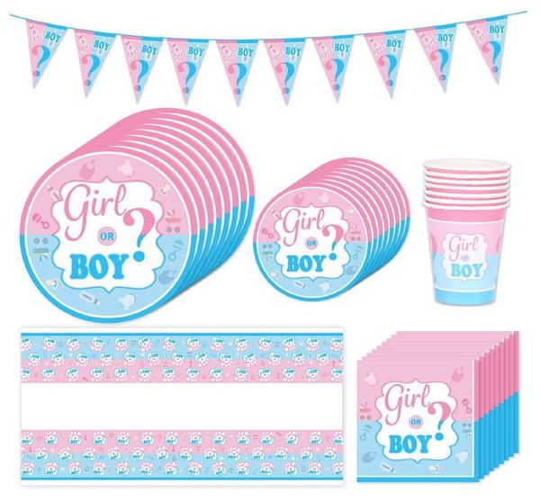 

packaging dinner service 51pcs gender revealing boy or girl party disposable tableware paper cup plates banners baby birthday supplies decor