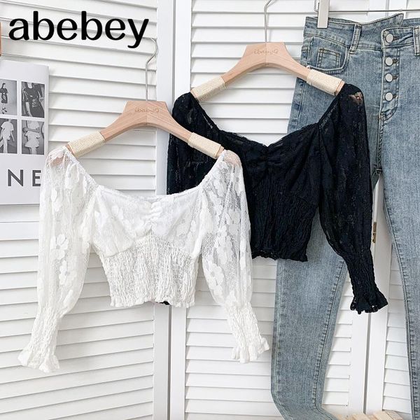 

women's blouses & shirts fashion slash neck long sleeve shirt high waist pleated solid color short lace 2021 summer women, White