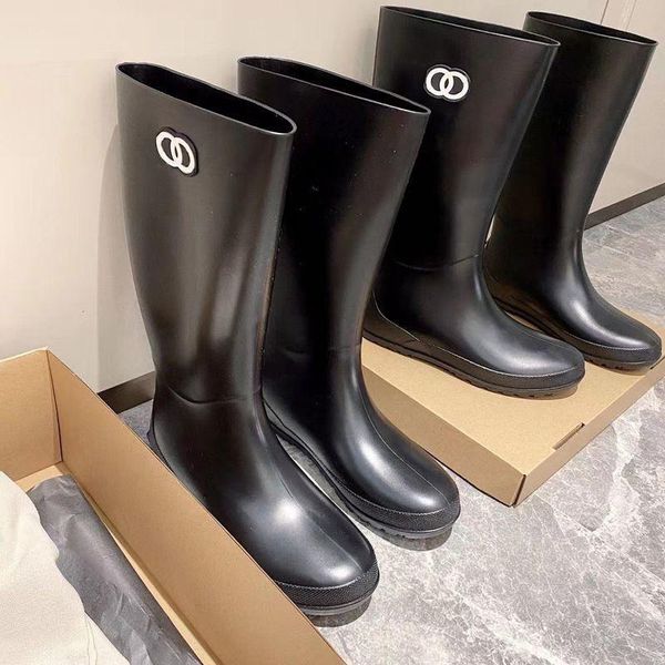 

boots 2021 fashion rain shoes women's high pvc round toe winter chunky heel women long, Black