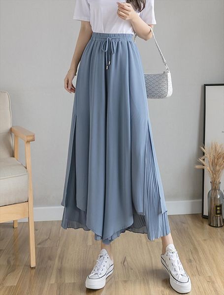 

superaen double layer chiffon women capris wide leg summer thin high waist loose korean elegant 9 point leisure, Black;white
