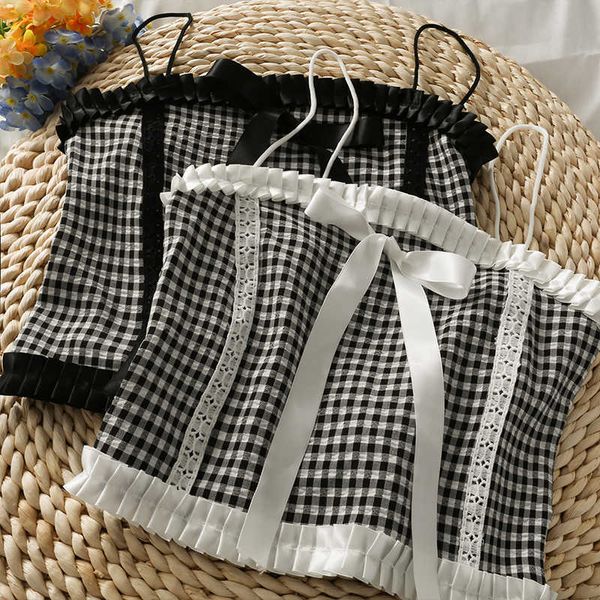

niche bow tie check pattern short umbilical sling female color matching folds all-match outer wear small vest 210709, White