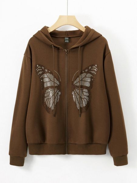 

rhinestone butterfly kangaroo pocket thermal lined zip-up hoodie 76o6#, White;black