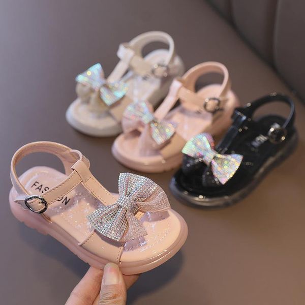 

sandals girls 2021 summer rhinestone sweet bow fashion princess children's beach shoes, Black;red