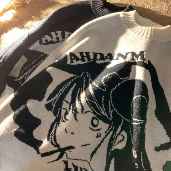 

women's sweaters korean version of autumn and winter loose wild japanese anime cartoon pullover round neck sweater y2k couple, White;black