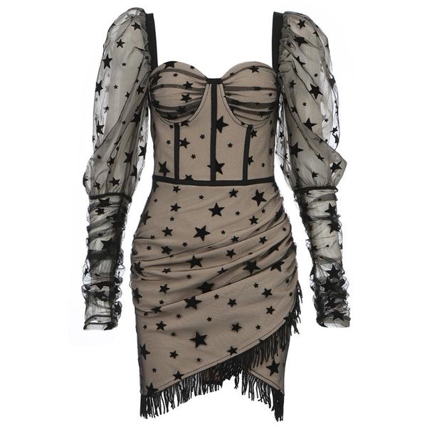 

casual dresses women winter long sleeve suqare collar mesh star black bodycon bandage dress 2021 elegant evening party club vestidos, Black;gray