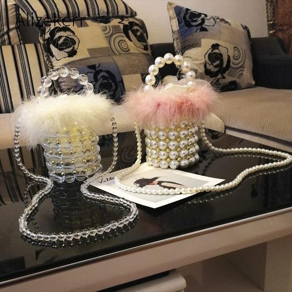 

faux fur pearl evening women bags retro handmade clear beaded small clutch bucket handbag ladies shoulder wedding party