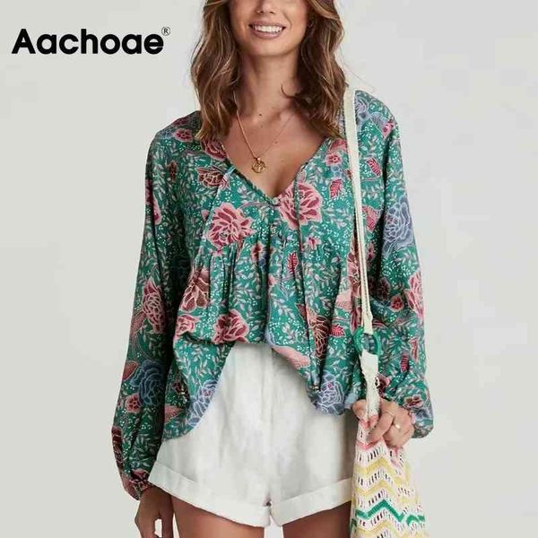 Mulheres Boho Camisa Floral V Neck Plissado Beach Blusa Femme Lanterna Manga Longa Solta Senhoras Tops Verão Primavera Blusas 210413