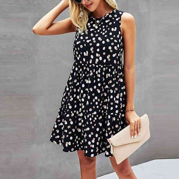

summer beach dot prints women dress sleeveless a line robe loose swing t shirt with pocket sukienka, Black;gray
