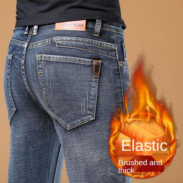 

men's jeans wthinlee men warm autumn winter thicken fleece long trouser, Blue