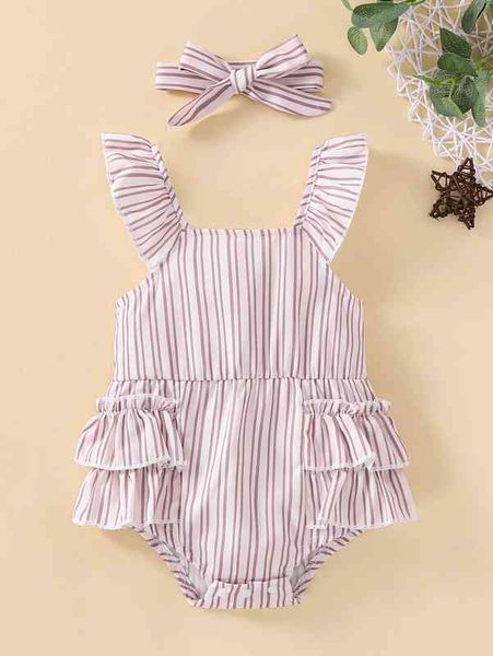 

baby striped ruffle trim bodysuit & headband she, Blue