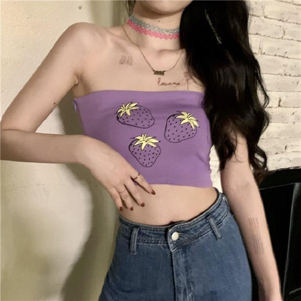 

y2k tank tube sleeveless strawberry pattern cropped stretch wrap chest elastic strapless sweet girl bustiers & corsets, Black;white