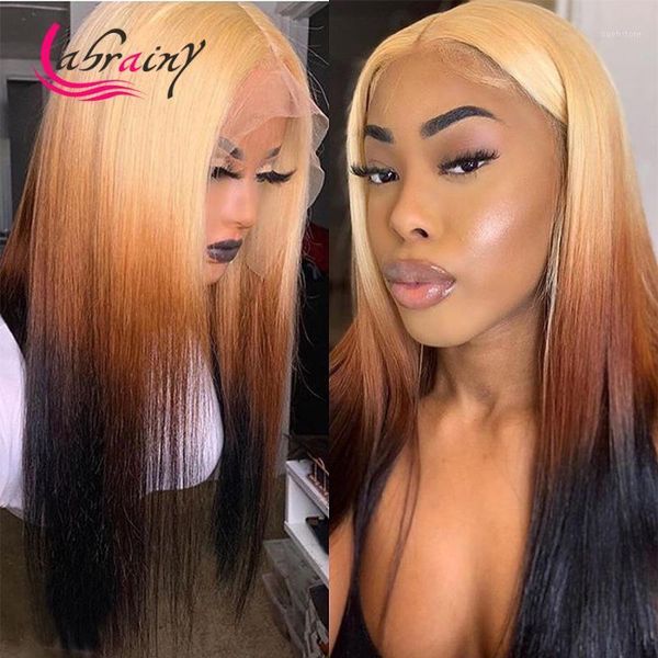 

hd transparent lace front wig ombre 613 human hair wigs colored straight remy with baby pre plucked1, Black;brown