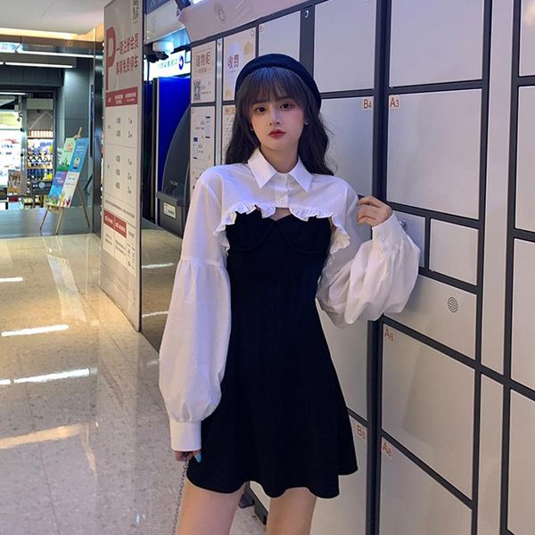 

french retro spagheblack dress autumn 2021 white blouse 2pcs set japanese mori girl dresses female casual, Black;gray