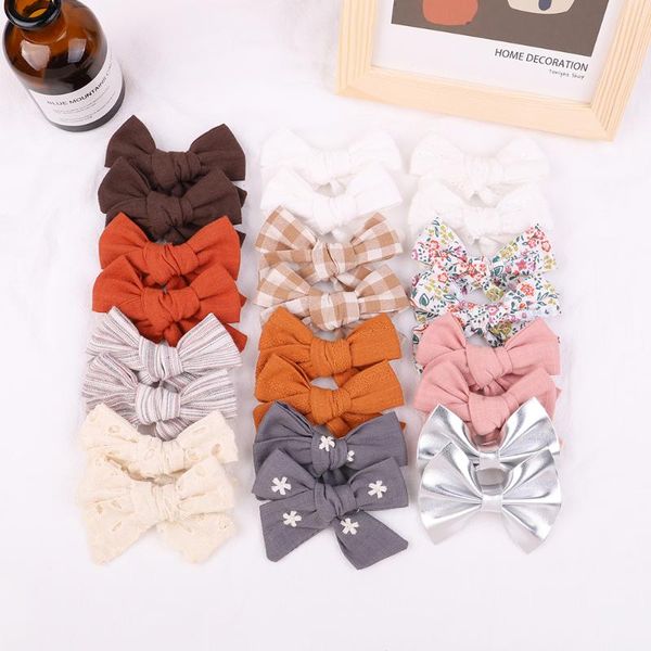 

1piece 12colors cotton linen print hair clips for cute girls bb boutique bow hairpins barrettes headwear kids accessories, Slivery;white