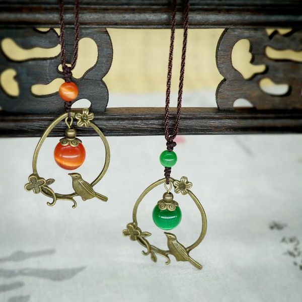 

pendant necklaces fashion chinese wind bird jewelry necklace, vintage stones necklace brass accessories,handmade ethnic chalcedony, Silver
