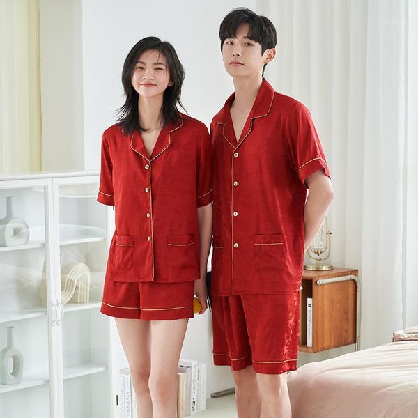 

pijama pareja verano summer couples matching satin pijamas para parejas short sleeved shorts two piece set couple pajamas men's sleepwe, Black;brown