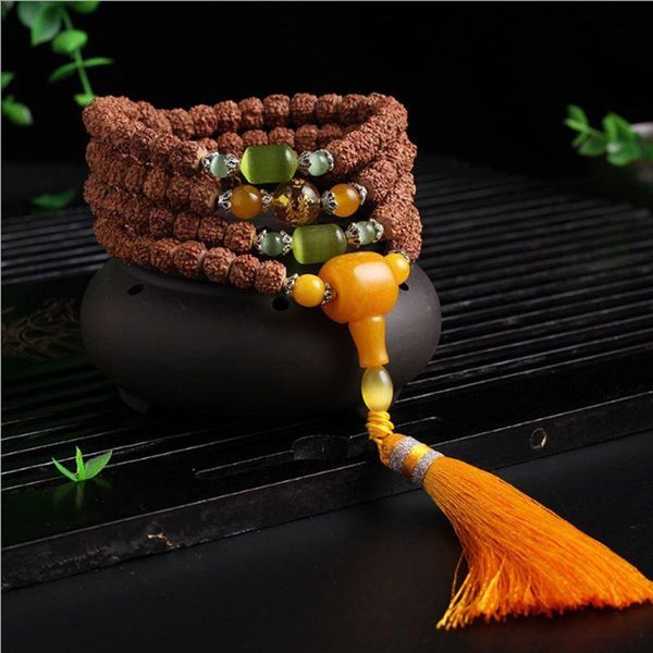 

beaded, strands bodhi collocation yellow chalcedony tassels 108 buddhism bead bracelet, Black