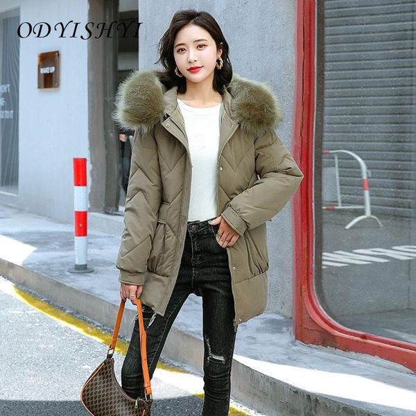 

women's down & parkas cotton mid-length coat women 2021 korean loose fashion big fur collar winter hooded parka ladies padded jacket fe, Black