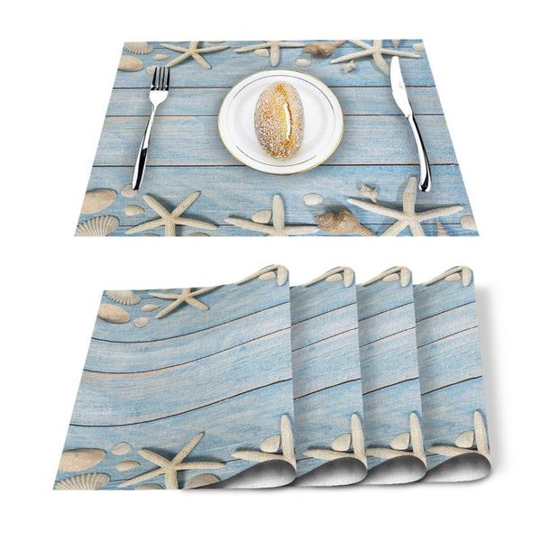 

table runner beach starfish blue wooden texture background placemat for dining non-slip and heat-insulating mat decoration