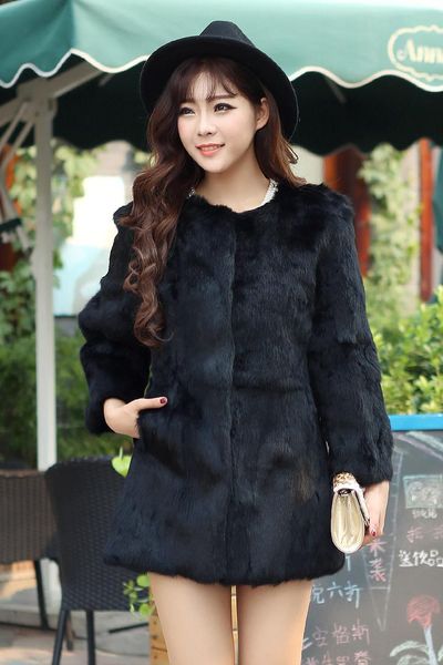 

women's fur & faux real 2021 hair in the long neck coat. korean slim fashion whole skin coat, Black