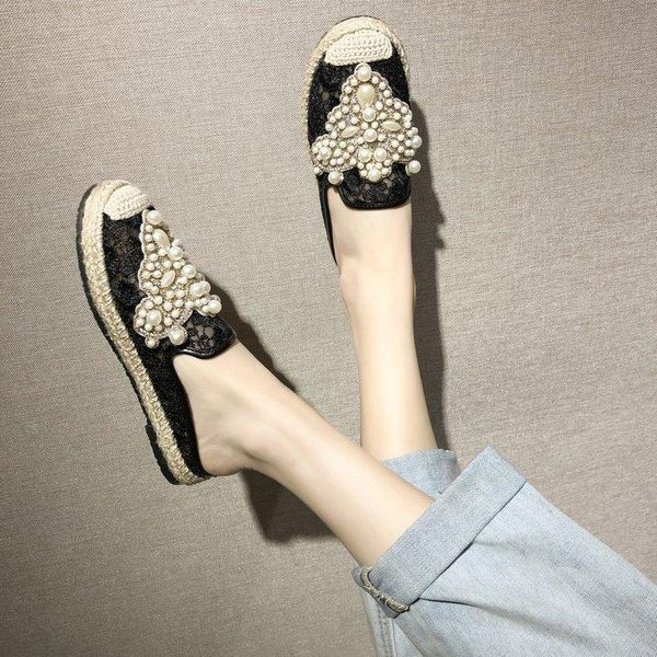 

slippers fashion pearly crystal lace casual women female mujer lazy slip-on half plimsolls loafers mules flat shoes ghn78, Black