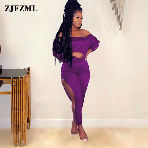 

women's two piece pants sense of design solid matching sets women off shoulder long sleeve and zipper side hollow trouser club outfit, White