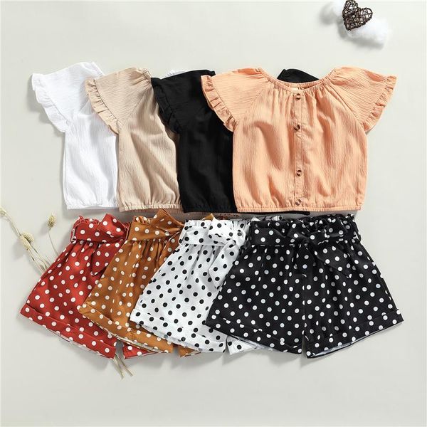 

clothing sets toddler baby girls kids sweet clothes set,2pcs summer cotton solid color round neck short sleeve + polka dots pants, White
