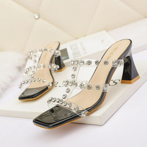 

dress shoes 2021 fashion clear slippers women rhinestone high heels sandals summer transparent open toe pump heel slides, Black