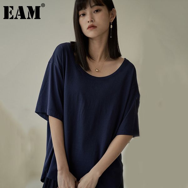 

[eam] women blue big size casual brief slit t-shirt round neck half sleeve loose fit fashion spring summer 1dd8015 210512, White