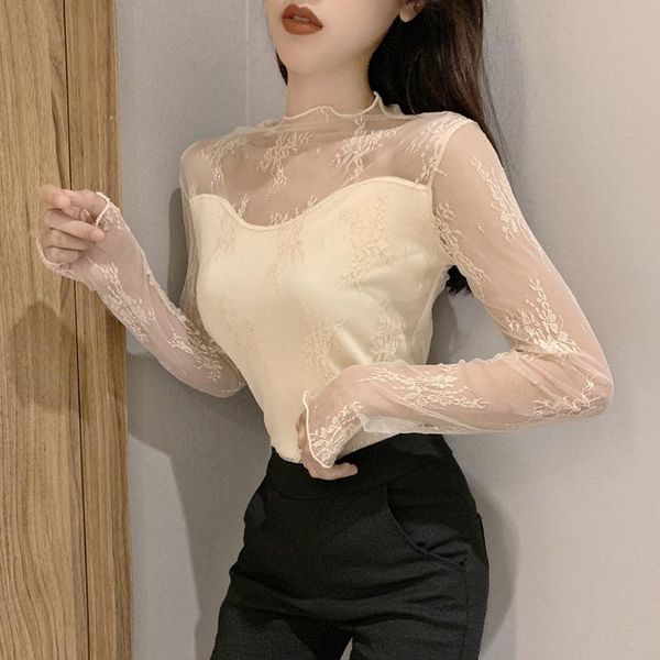 

women's blouses & shirts ulzzang korean fashion womens clothing blouse 2021 spring autumn vintage lace long sleeved mesh turtleneck vel, White